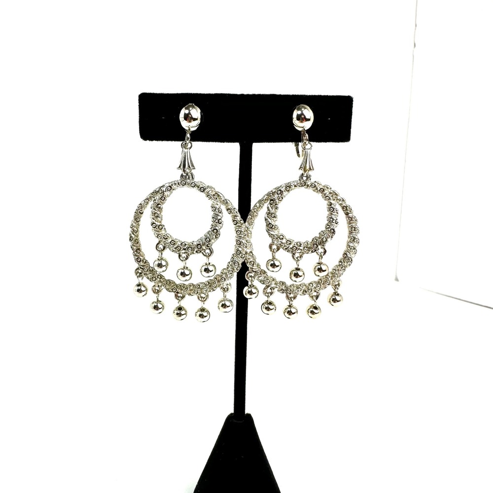 Vintage Chandelier Hoop Dangle Clip On Earrings Women OS Silver Tone
